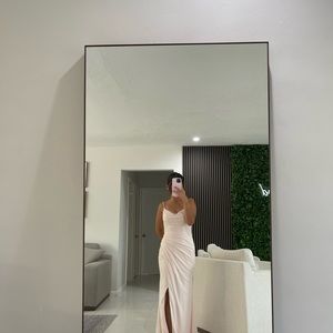 Bride made dress from Azazie deandre dress. Color rose petal